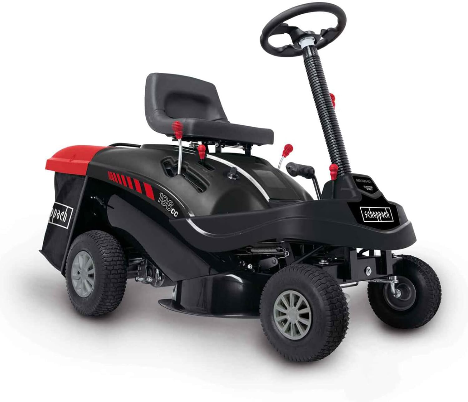 Scheppach Benzin Rasentraktor Aufsitzmäher MR196-61 | 6,5PS | Schnittbreite 61cm | 5-Fach Höhenverstellung | E-Start | 150 L Fangsack | 4X Vorwärts / 1xRückwärtsgang | Rasenmäher Aufsitzrasenmäher

