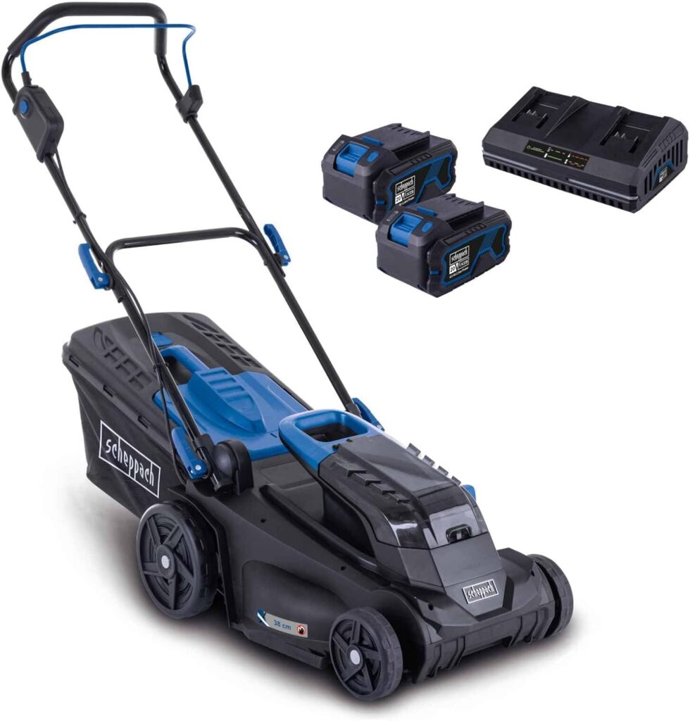 Scheppach Akku-Rasenmäher BC-MP380-X 20V Brushless Akkumäher | 38cm Schnittbreite | für 450-500 m2 | Schnitthöhenverstellung von 25–75mm | 45L Korb | 20V-IXES-Serie | mit 2x 4Ah Akku & Doppelladegerät
