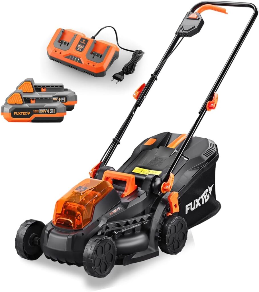 FUXTEC Akku Rasenmäher 40V (2x20V) E1RM20 inkl. 2x20V Li-Ion Batterie 2Ah & Doppel-Ladegerät – Schnittbreite 33cm, Variable Schnitthöhe
