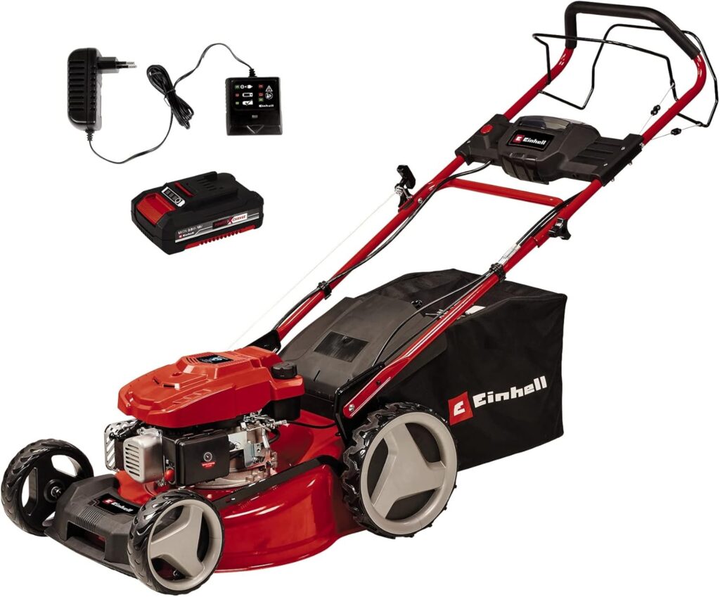 Einhell Benzin-Rasenmäher GC-PM 46 SM HW-E Li (2 kW, 4-Takt-Motor, für bis zu 1400 m², Elektro-Start-Funktion, abschaltbarer Hinterradantrieb, 65 l-Fangsack, inkl. Akku & Ladegerät)
