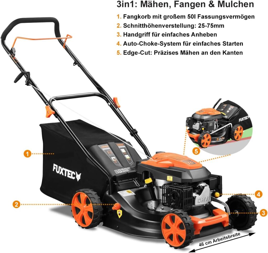 FUXTEC 3in1 Benzin Rasenmäher FX-RM4646ECO 3,5PS / 2,6kW | 46cm Schnittbreite & 7-stufige Schnitthöhenverstellung 25-75mm| 4-Takt Mäher - Inkl. 50L Grasfangkorb, Mulchfunktion & Reinigungsanschluss
