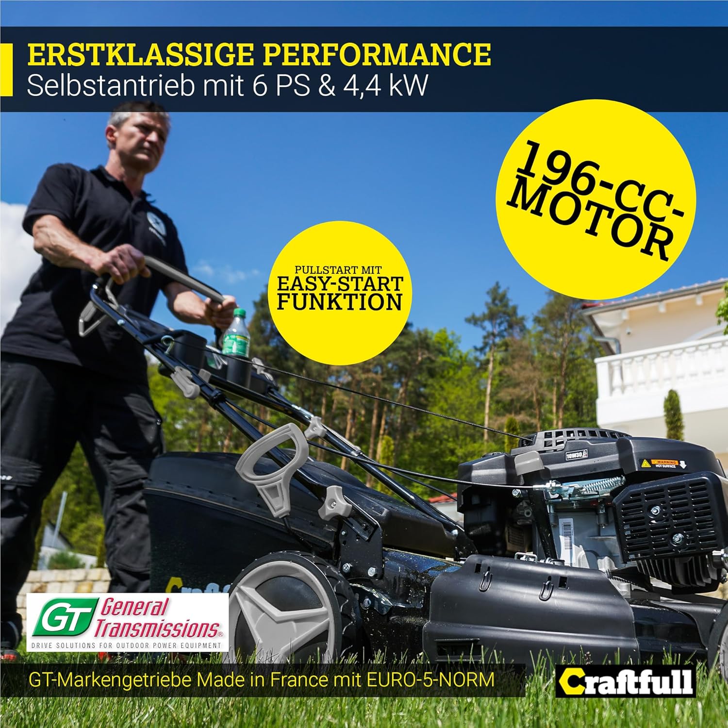 Craftfull Premium Benzin Rasenmäher CR-196-10 | Euro 5 | 4,4 kW - 196cc OHV Motor - Selbstantrieb mit GT Leichtlaufgetriebe - 53 cm Schnittbreite in 8...
